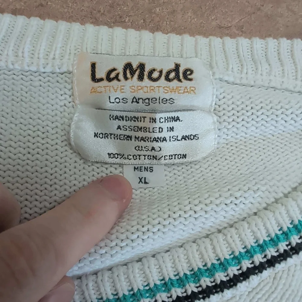 La Mode V-Neck Sweater Mens XL White Teal Black Geometric Handknit Cotton